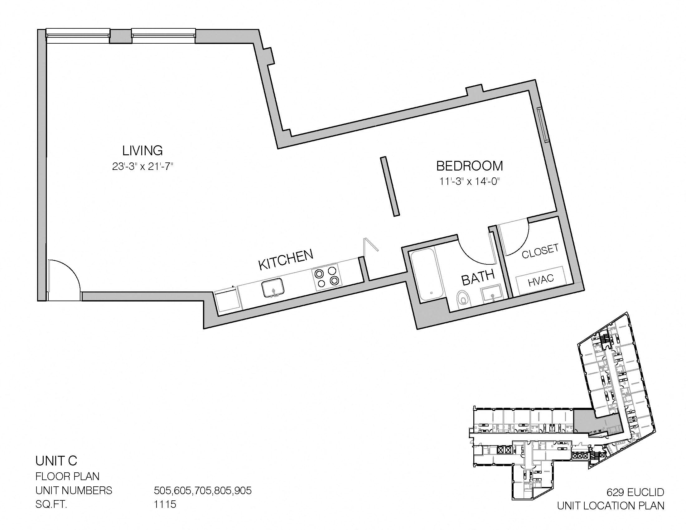 Floor plan for 1 bed, 1 bath, 1115 sqft